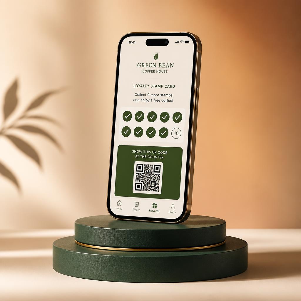 Cartão de recompensas digital aberto no celular do cliente
